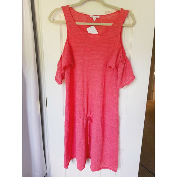 Minnie Rose Cold Shoulder Mini Dress Linen Cinch Waist Guava Pink Small Boho - Picture 2 of 8